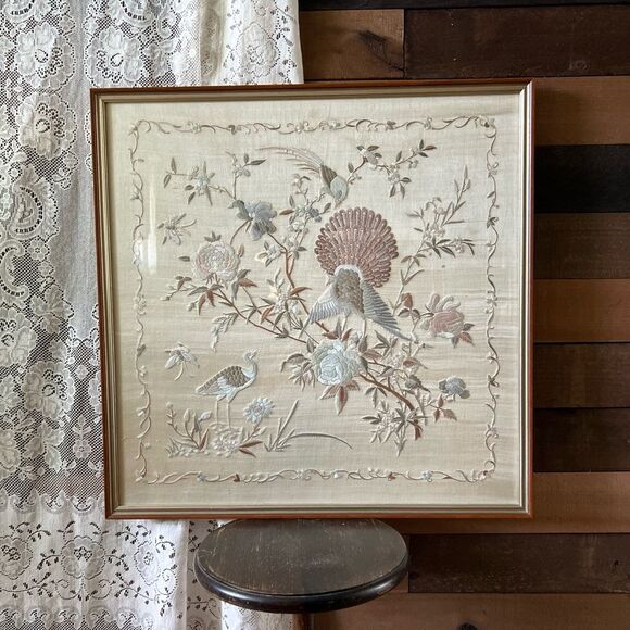 Antique Chinese Silk Bird Floral Flower Wood Frame  Embroidery - Picture 7 of 8